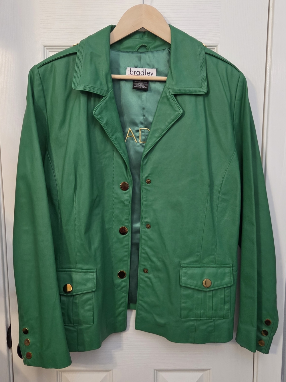 Bradley Bayou Women's L Green Genuine Leather Jacket Gold Button Military Style